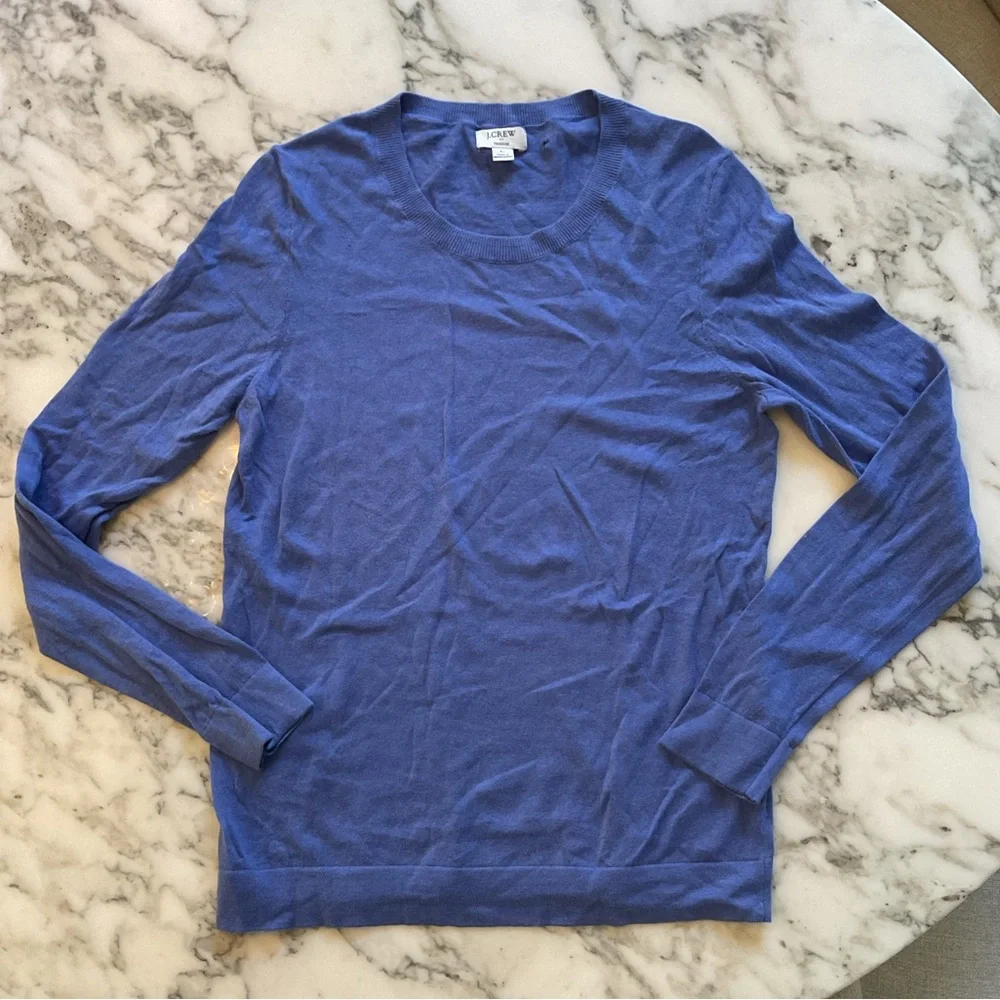EUC JCrew Teddie Purple Blue Cotton Pullover Sweater Sz Large - Small hole